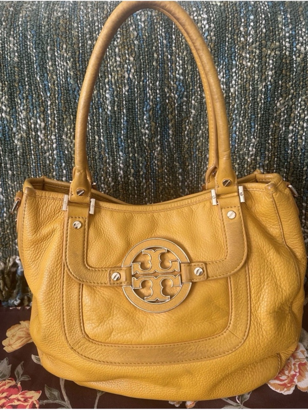 Tory Burch Mustard Yellow Pebbled Leather Shoulder Bag with Logo Medallion